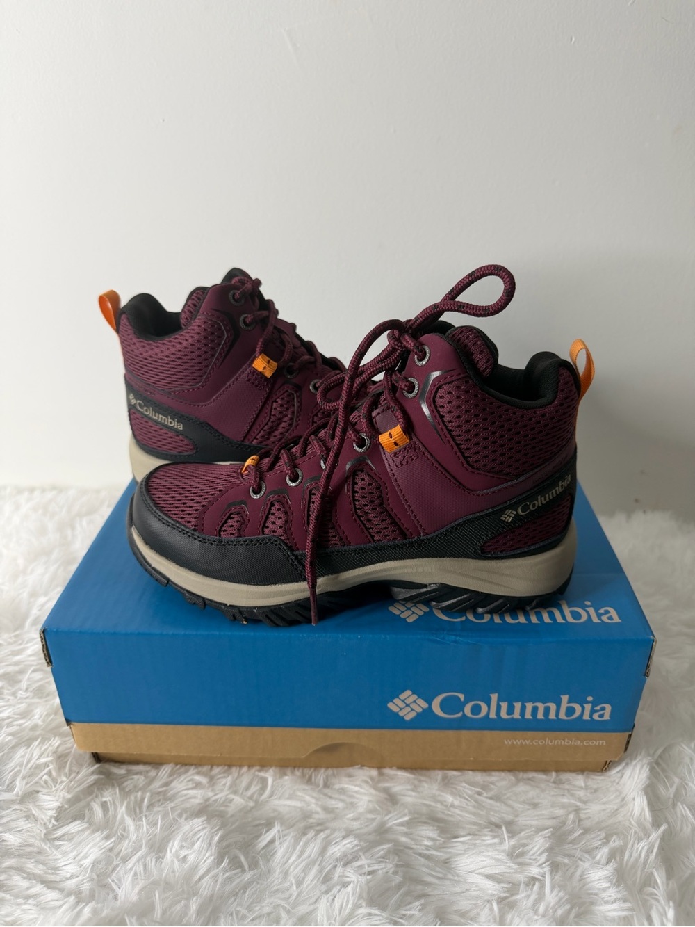 Columbia Women's Burgundy and Black Waterproof Winter Boots with Orange Accents
